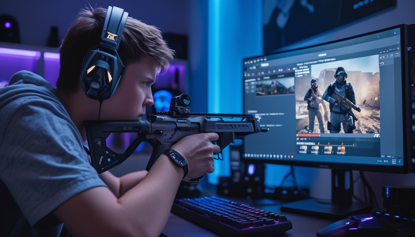 Seorang pemain game fokus bermain Rainbow Six Siege dengan setup gaming modern di ruangan berlampu biru dan ungu.
