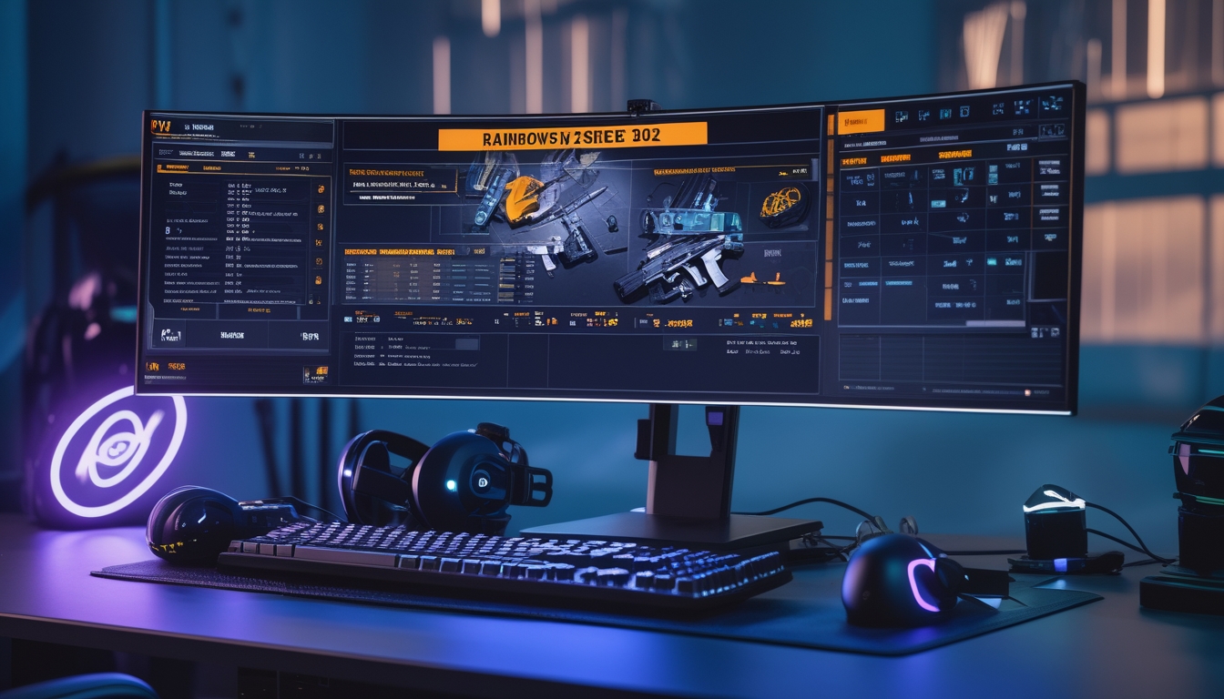 Setup gaming dengan monitor menampilkan antarmuka loadout senjata terbaru Rainbow Six Siege 2026 dan perlengkapan gaming di meja.