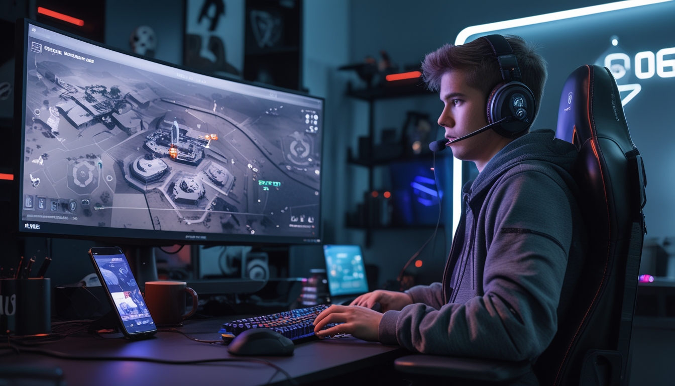 Seorang gamer muda fokus bermain Rainbow Six Siege di depan monitor besar dengan perlengkapan gaming lengkap di ruangan dengan pencahayaan redup.