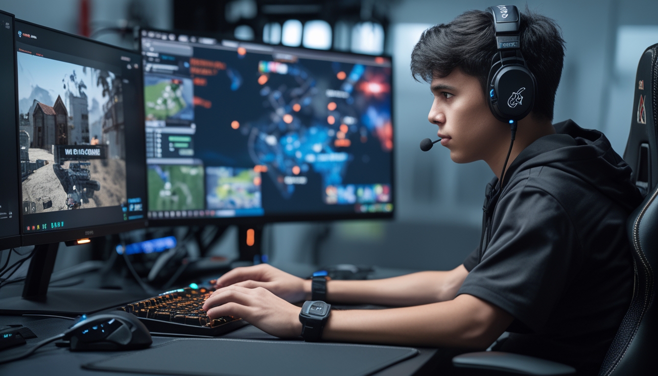 Seorang pemain esports fokus bermain Rainbow Six Siege di depan beberapa monitor dengan perlengkapan gaming di sekitarnya.