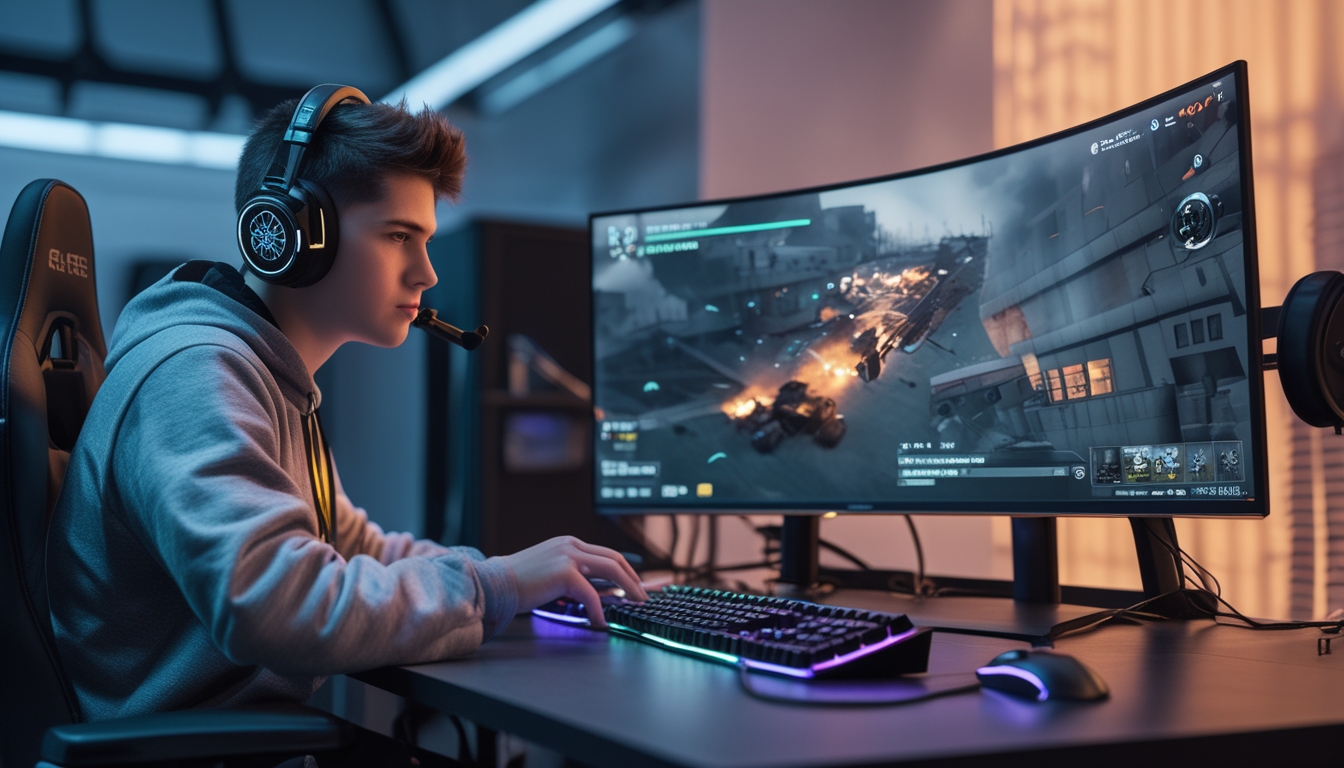 Seorang pemain game muda dengan headset sedang fokus bermain Rainbow Six Siege di depan monitor besar dengan lampu LED warna-warni di latar belakang.