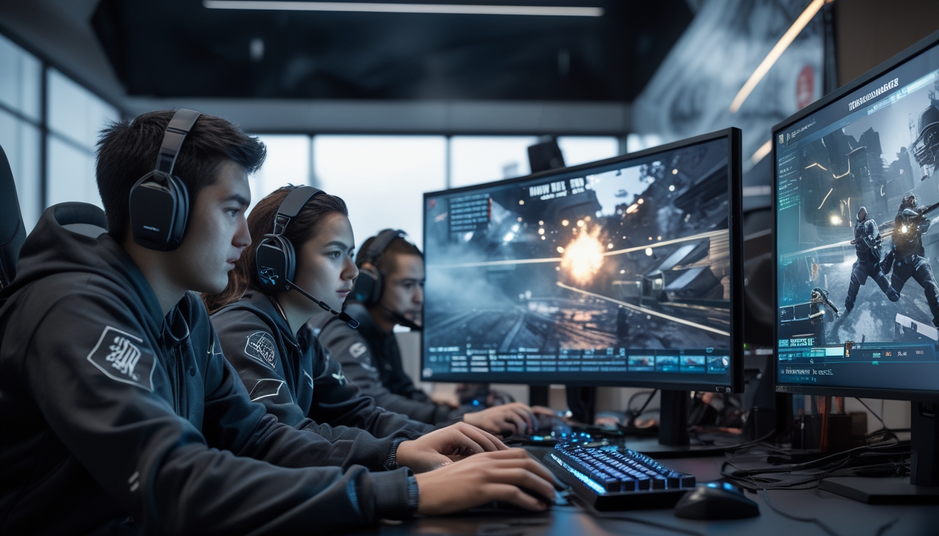 Empat pemain esports sedang fokus bermain dan berkomunikasi dalam sebuah ruangan gaming modern dengan monitor yang menampilkan peta dan gameplay Rainbow Six Siege.