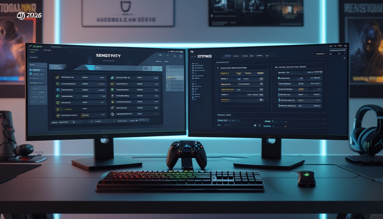 Setup gaming modern dengan dua monitor yang menampilkan pengaturan sensitivitas untuk PC dan konsol, dilengkapi keyboard, mouse, dan kontroler di meja.