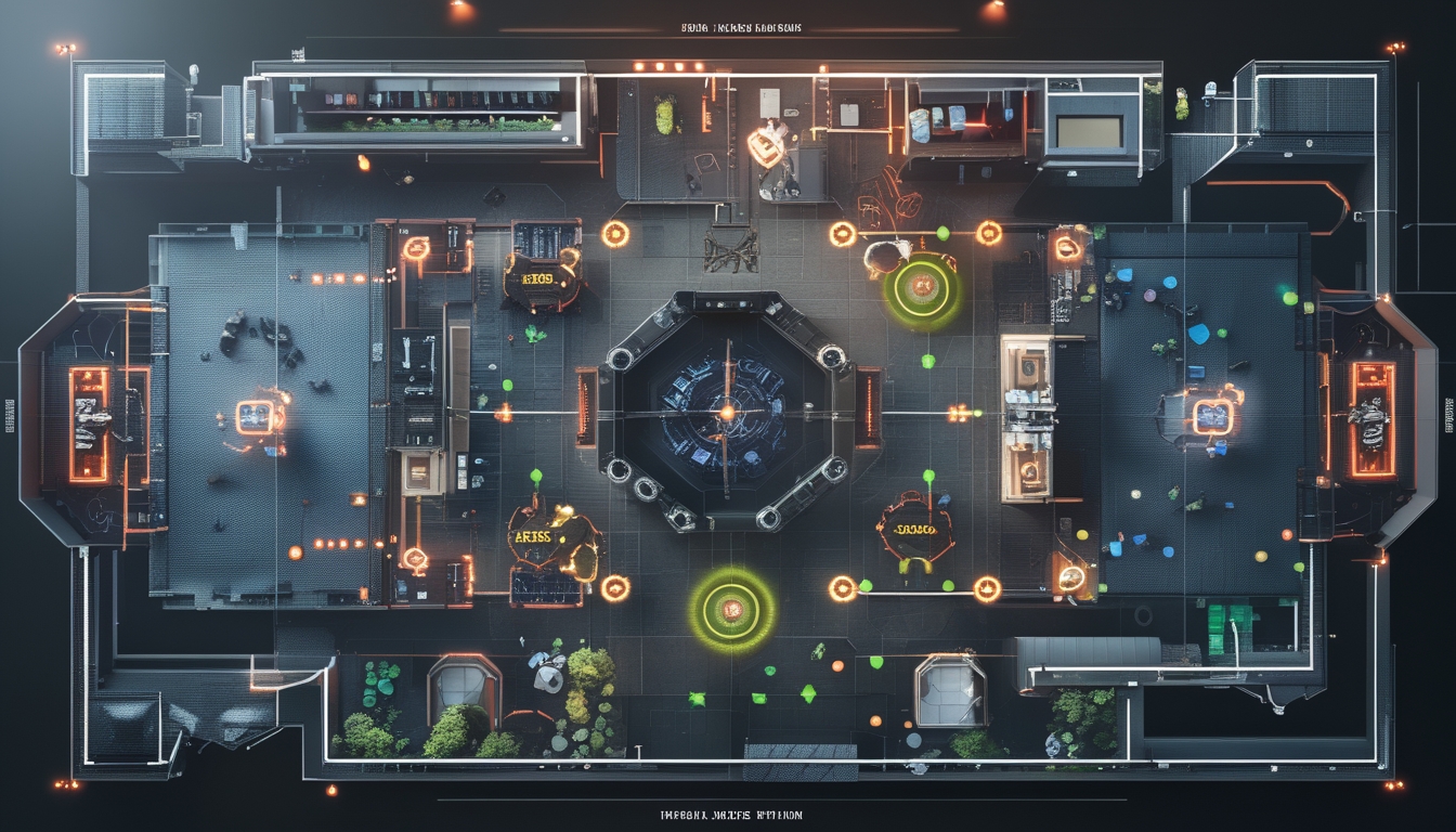 Peta taktis top-down area perkotaan dengan titik spawn, spot mengintip, dan jalur rotasi yang jelas untuk permainan strategi.