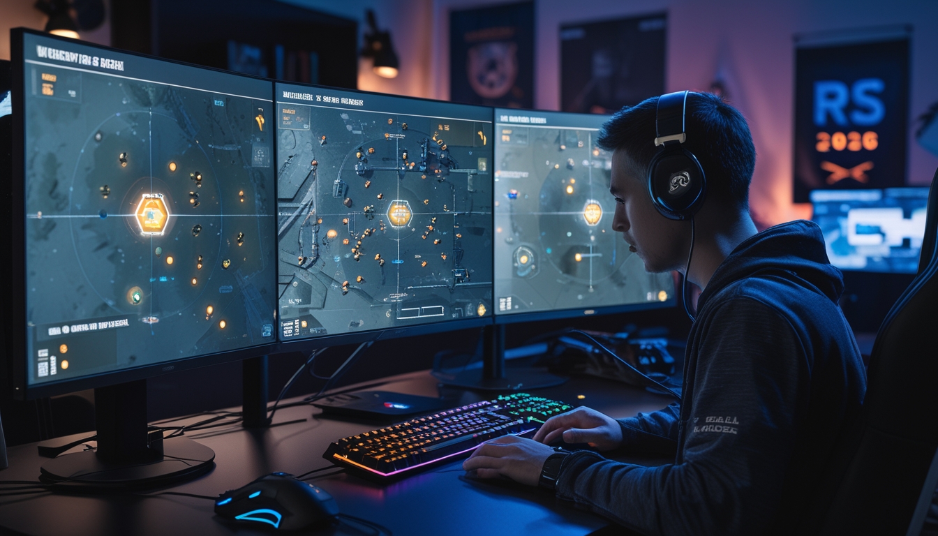 Seorang gamer fokus melihat peta taktis Rainbow Six Siege 2026 di setup komputer dengan dua monitor di ruangan gaming yang terang dan rapi.