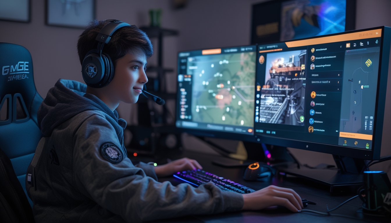 Seorang pemain muda sedang bermain Rainbow Six Siege 2026 di depan komputer dengan menampilkan layar peta dan pilihan karakter.