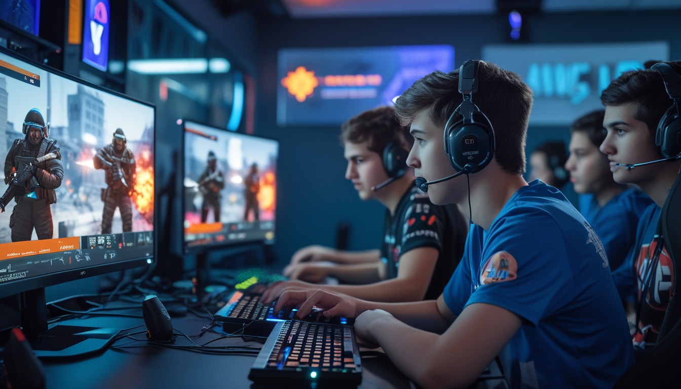 Sekelompok pemain muda sedang bermain game Rainbow Six Siege secara serius di ruang permainan modern dengan komputer dan perlengkapan gaming.