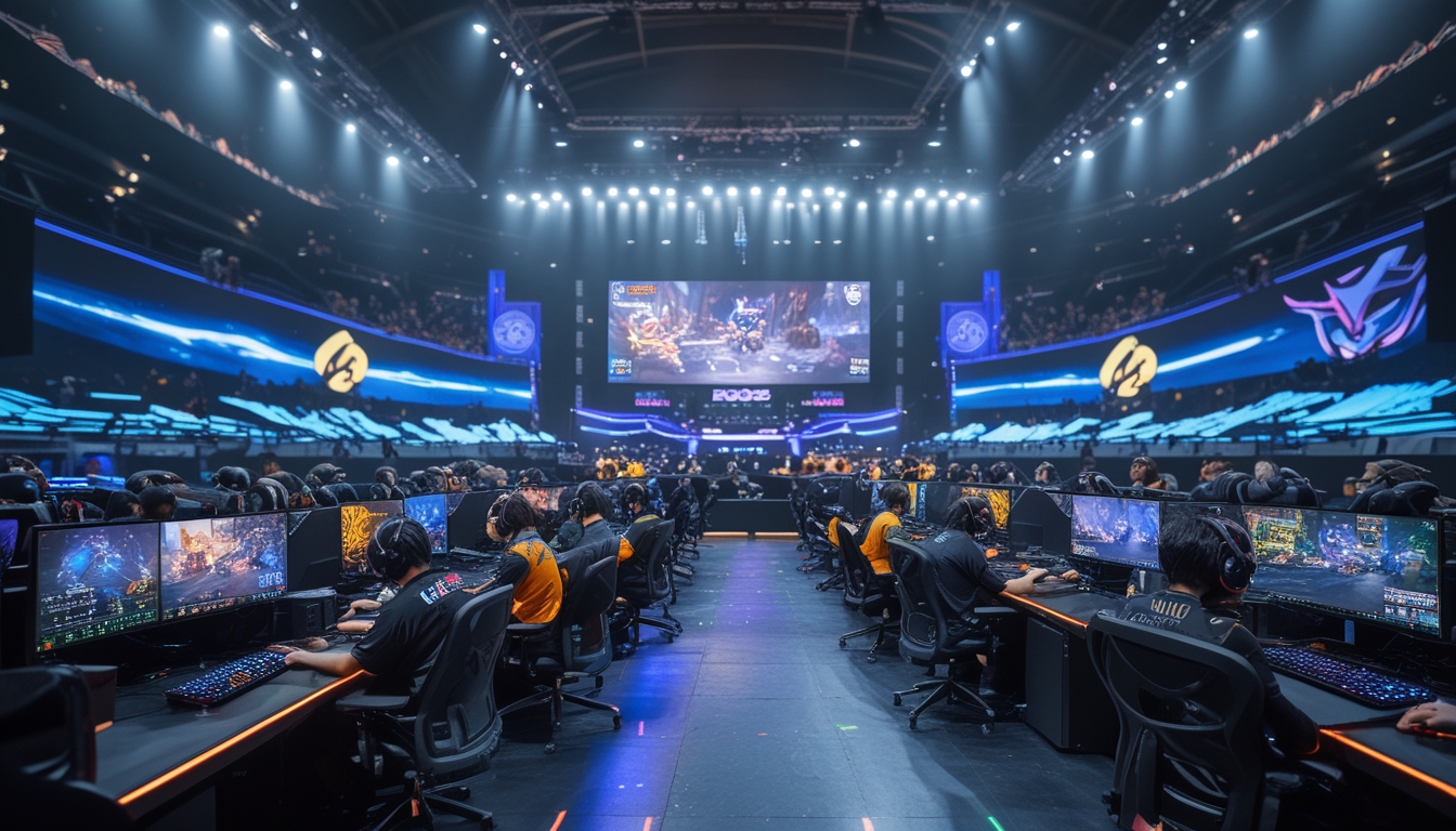 Suasana turnamen Dota 2 kompetitif dengan pemain fokus bermain di arena esports yang ramai dan penuh semangat.