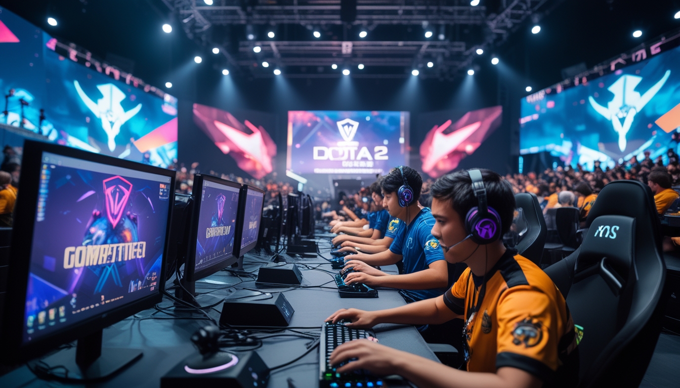 Seorang pemain esports sedang fokus bermain Dota 2 dalam turnamen dengan suasana arena yang ramai dan penuh semangat.
