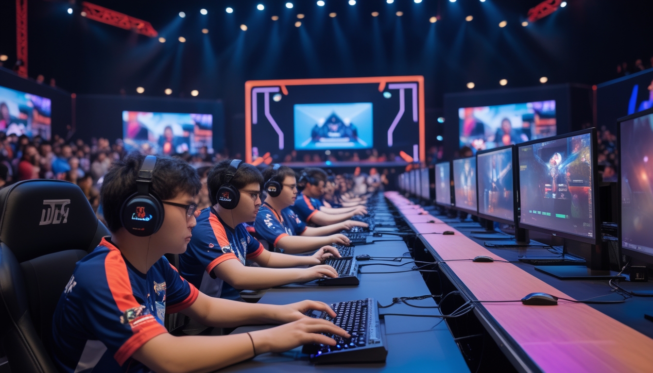 Suasana turnamen esports Dota 2 dengan pemain fokus bermain di arena yang terang dan penonton menonton pertandingan.