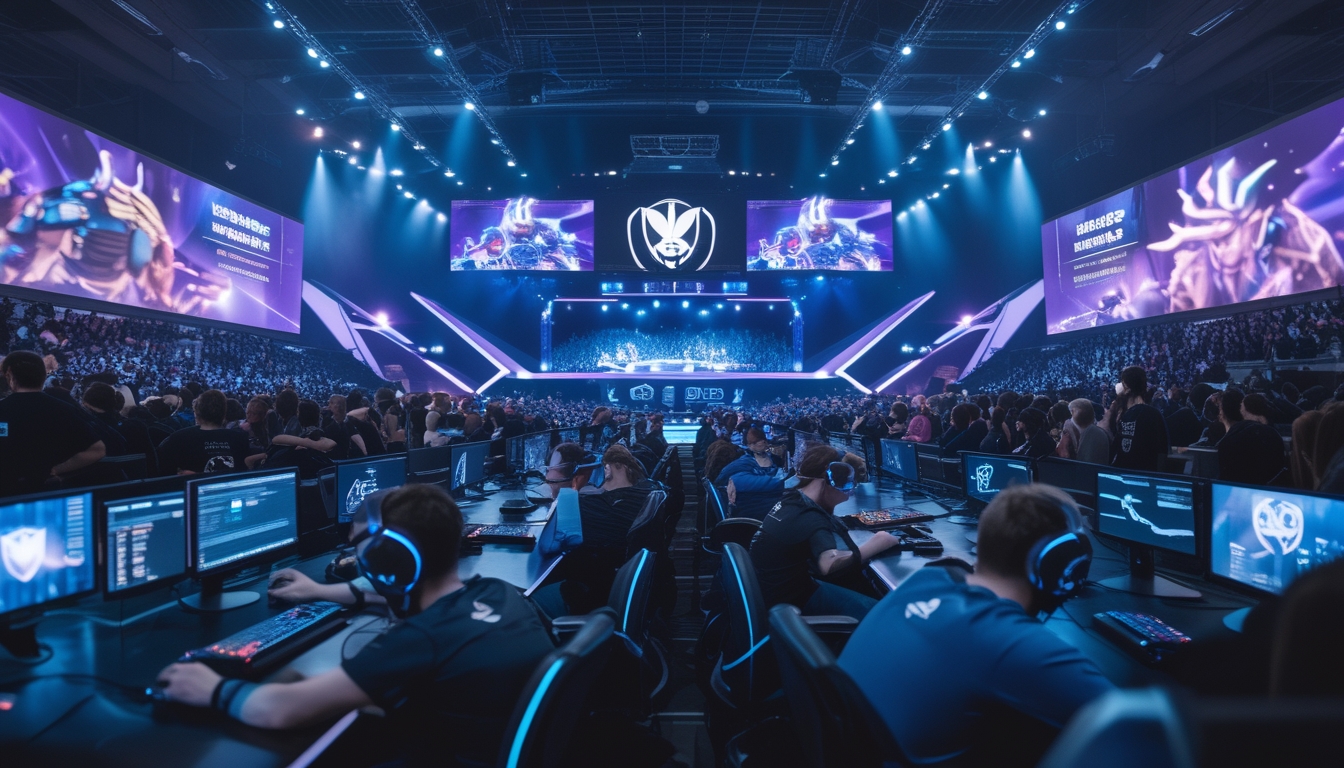 Suasana turnamen esports Dota 2 di arena besar dengan pemain fokus bermain dan penonton antusias menyaksikan pertandingan.