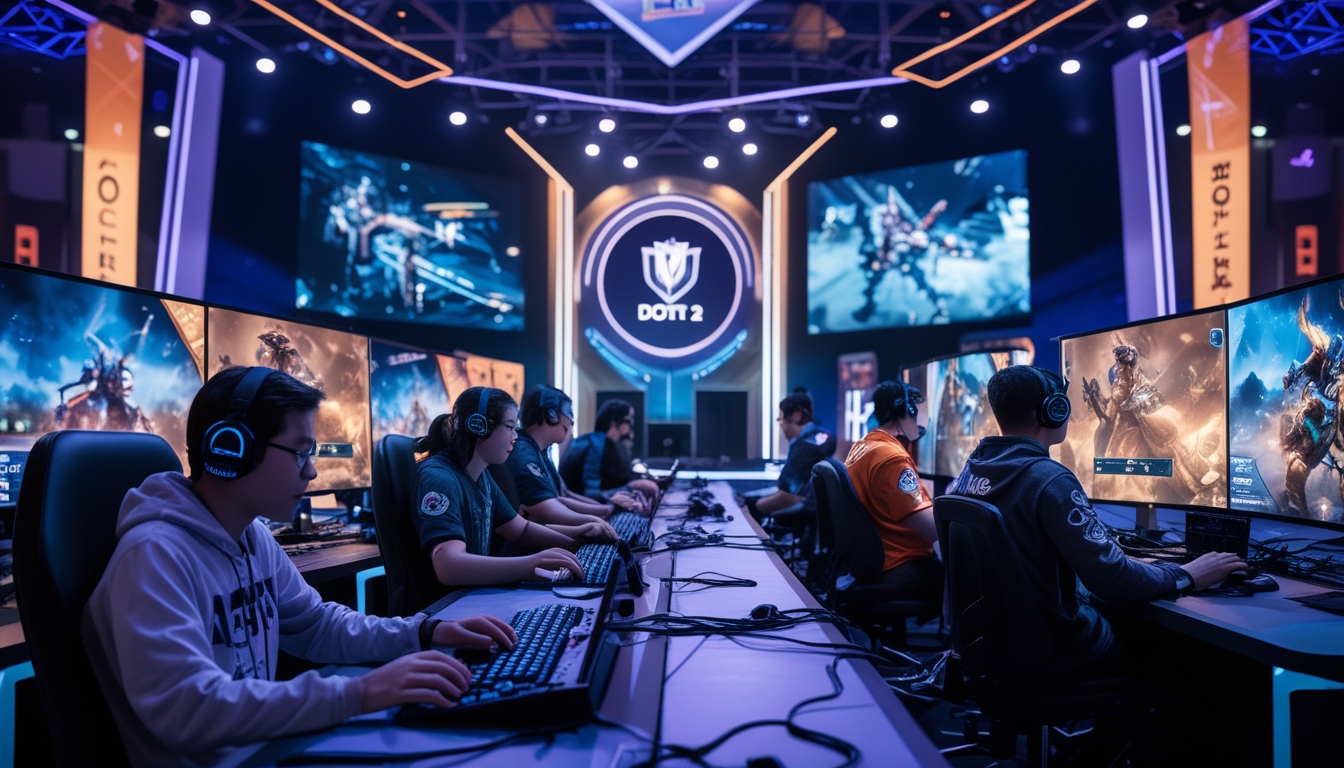 Sejumlah pemain fokus bermain turnamen Dota 2 online di arena esports dengan pencahayaan warna-warni dan layar besar menampilkan permainan.