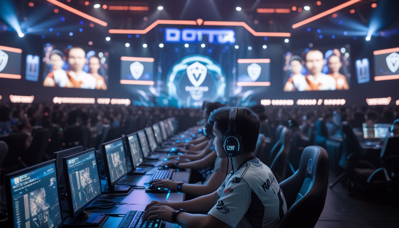 Suasana turnamen Dota 2 online tahun 2026 dengan pemain profesional yang fokus bermain di arena esports modern dan penonton yang antusias menyaksikan pertandingan.