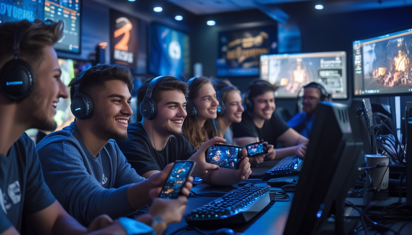 Sekelompok orang muda bermain game Dota 2 bersama menggunakan ponsel Android dan komputer di sebuah ruangan gaming yang nyaman.