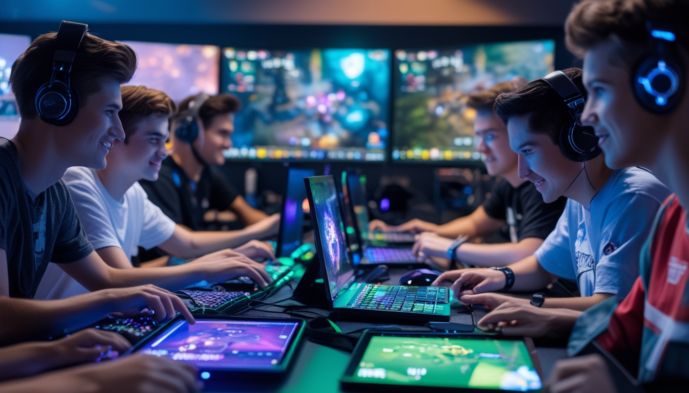 Sekelompok orang muda sedang bermain game Dota 2 bersama menggunakan tablet Android dan komputer di sebuah ruangan gaming yang modern.