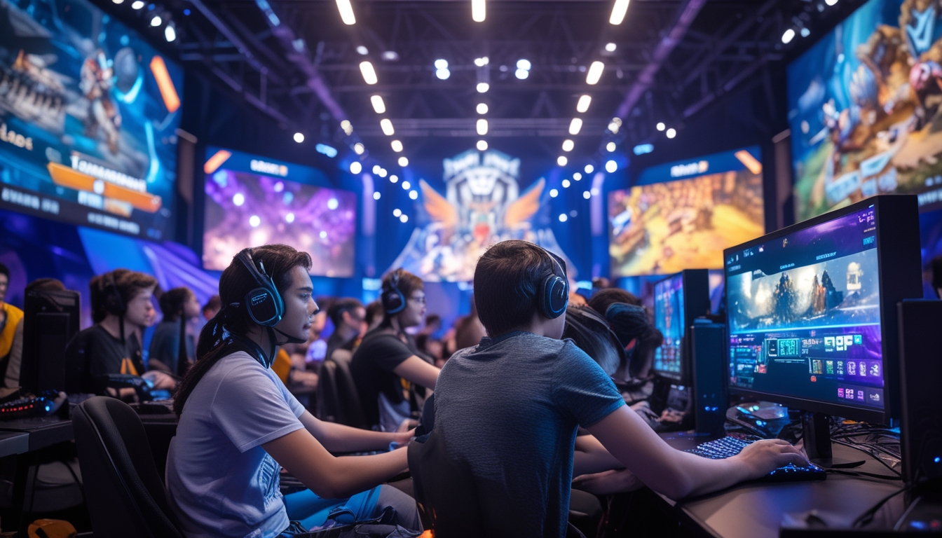 Sekelompok gamer bermain turnamen Dota 2 di arena esports dengan layar besar menampilkan permainan dan penonton yang antusias.