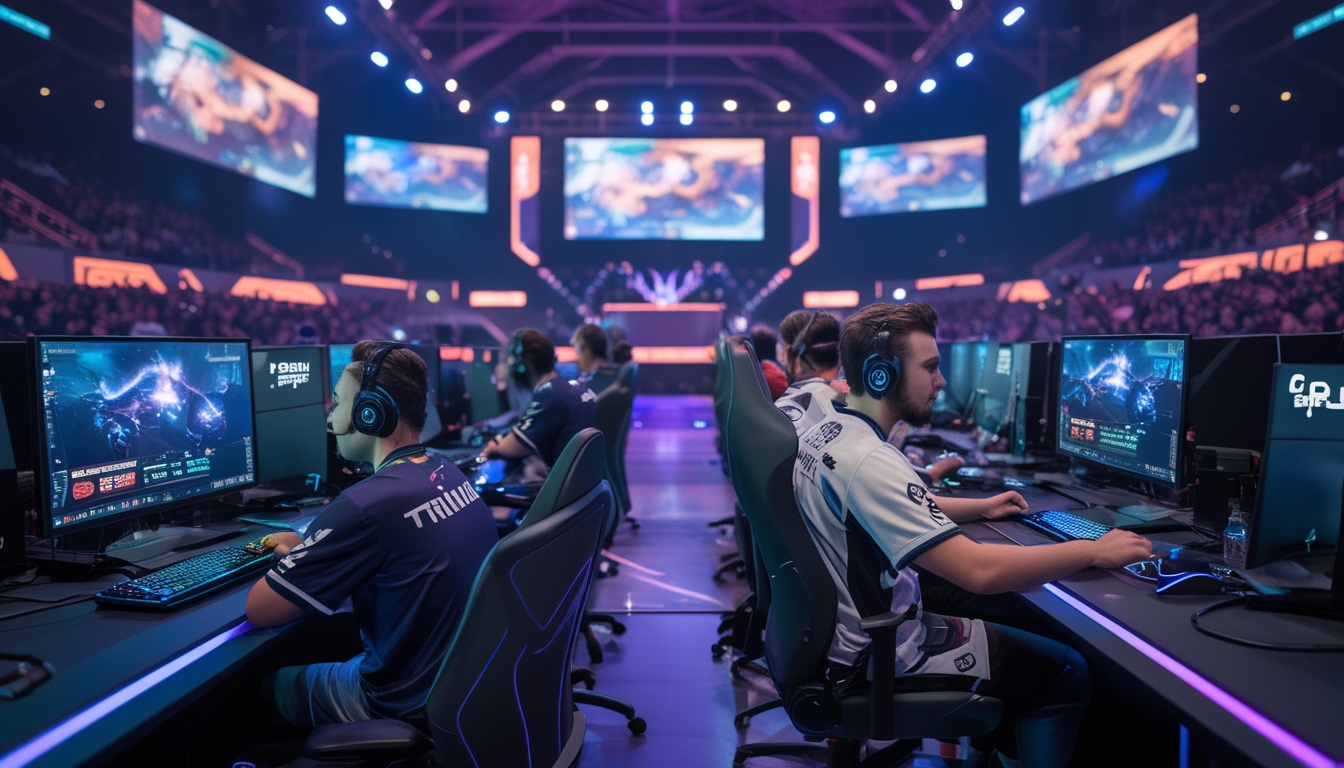 Sejumlah gamer profesional sedang fokus bermain turnamen Dota 2 di arena esports dengan penonton dan layar besar di latar belakang.