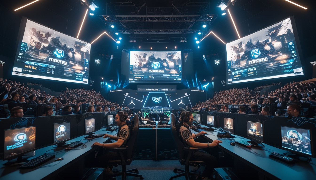 Suasana turnamen Dota 2 multiplayer dengan pemain yang fokus bermain di arena esports yang ramai dan pencahayaan modern.