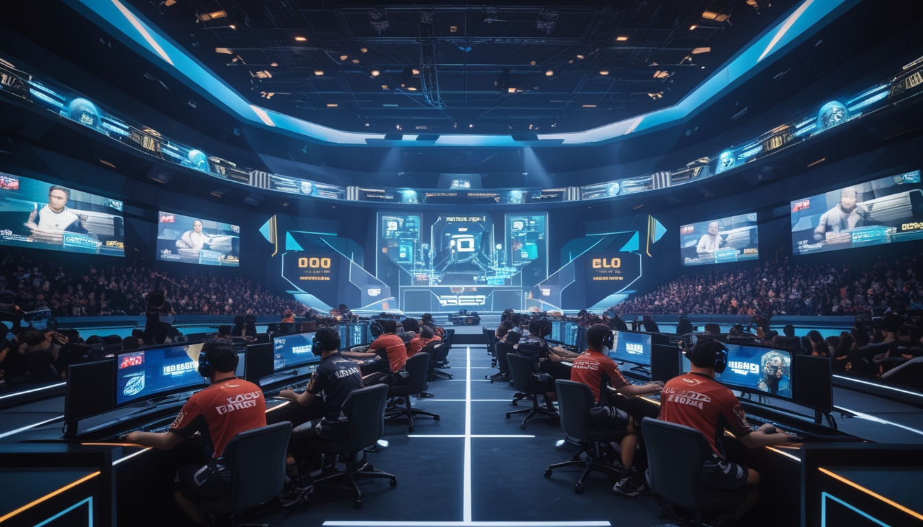 Suasana turnamen esports Dota 2 tahun 2026 dengan pemain profesional di arena modern dan penonton yang antusias.