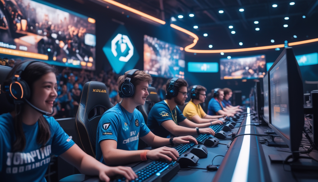 Suasana turnamen esports Dota 2 dengan pemain profesional sedang bertanding di arena dengan penonton yang antusias.