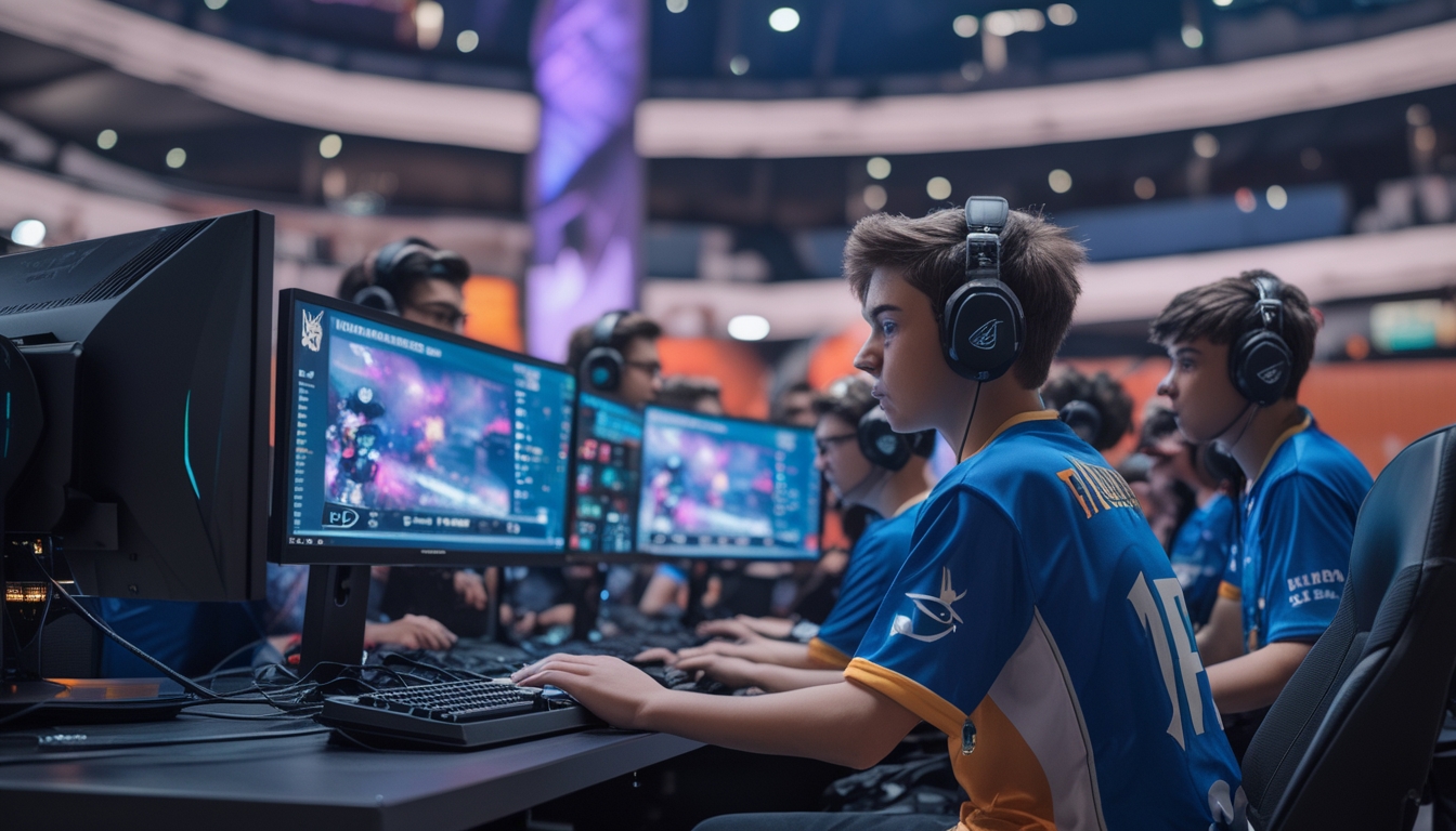 Sekelompok pemain muda sedang bermain turnamen Dota 2 di arena esports dengan komputer gaming dan layar besar yang menampilkan permainan.