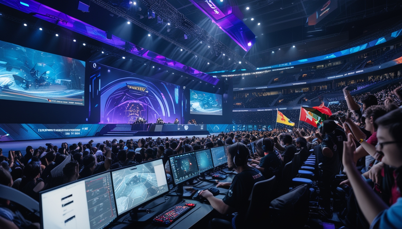 Suasana turnamen Dota 2 esports internasional besar dengan pemain profesional dan penonton yang antusias di arena penuh.