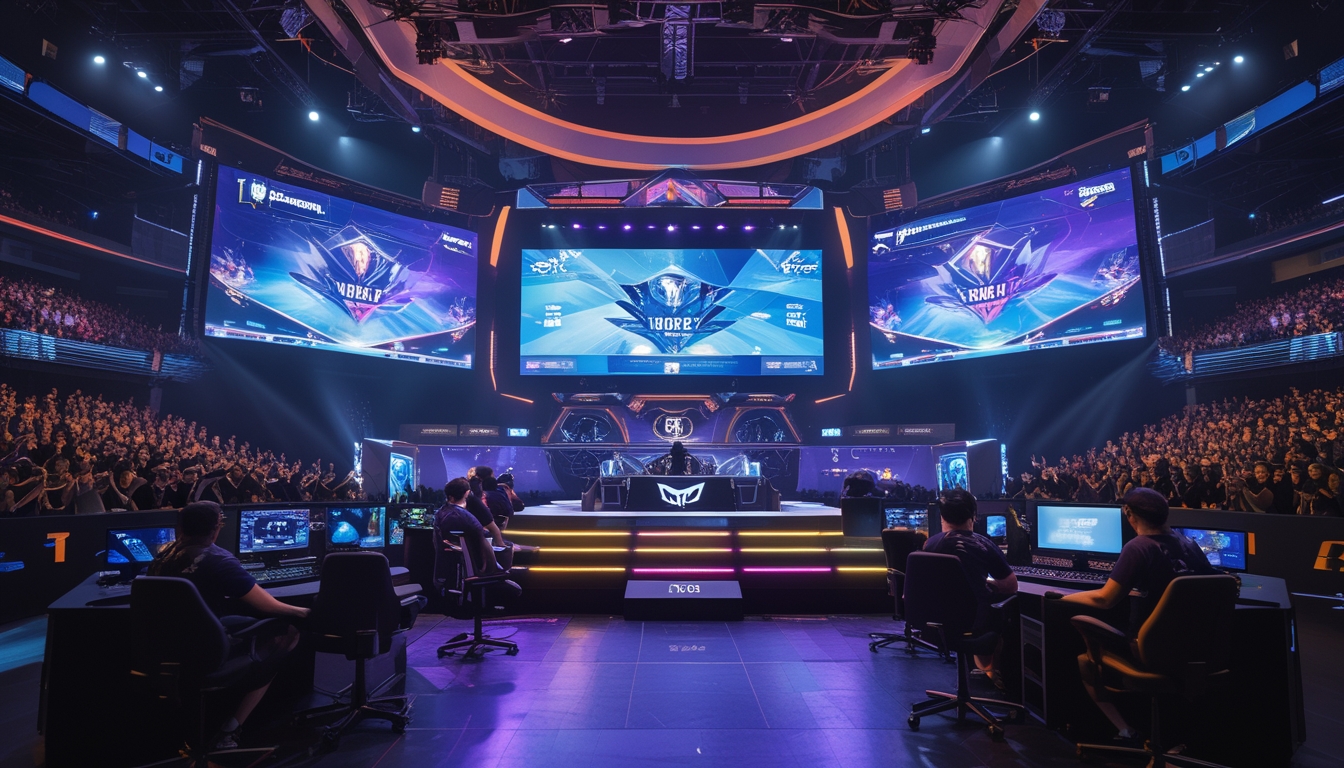 Suasana turnamen esports Dota 2 internasional dengan penonton ramai dan pemain profesional sedang bertanding di atas panggung.