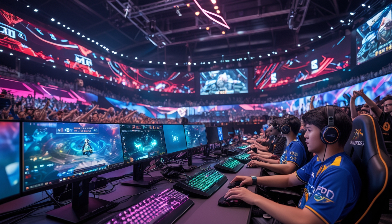 Suasana turnamen Dota 2 dengan pemain profesional bermain di arena esports dan penonton yang antusias.