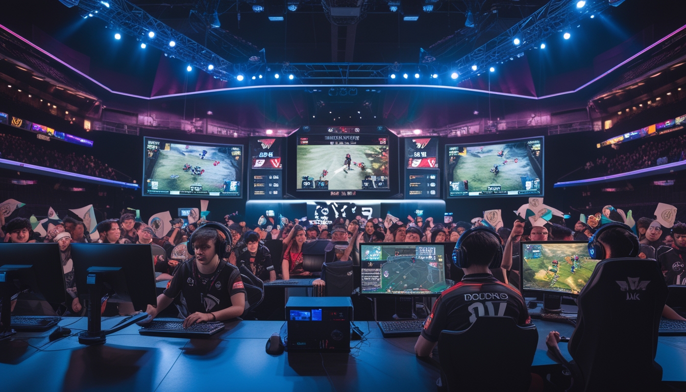 Suasana turnamen Dota 2 dengan pemain profesional yang fokus bermain di depan komputer, penonton antusias, dan layar besar menampilkan pertandingan secara langsung.
