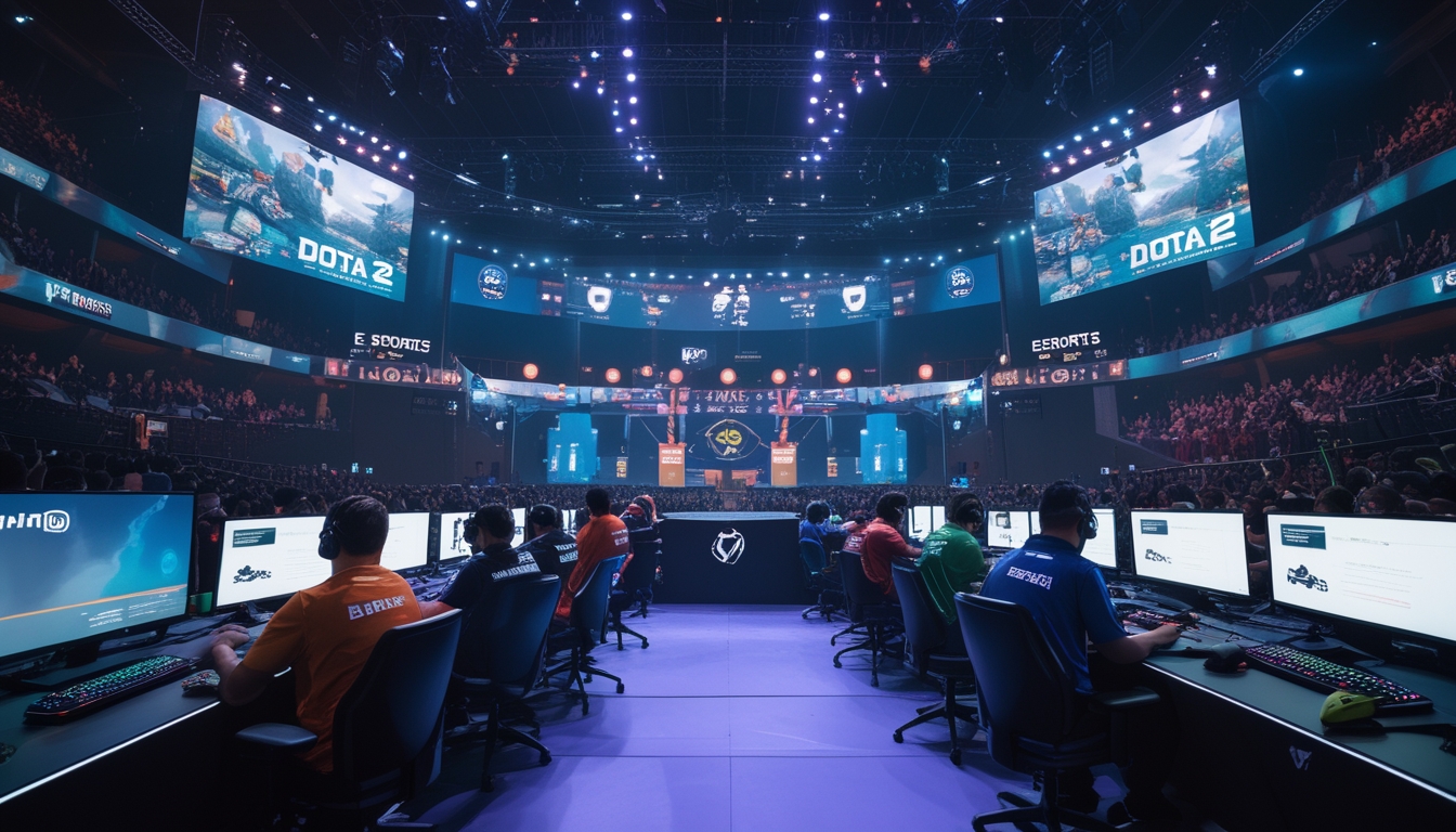 Suasana turnamen esports Dota 2 dengan pemain yang fokus bermain di arena besar dan penonton yang antusias.
