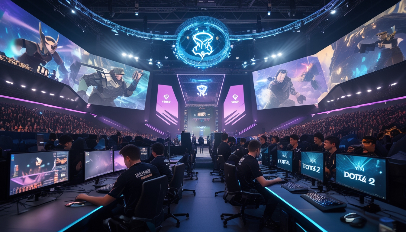 Suasana turnamen Dota 2 di arena esports dengan pemain yang fokus bermain dan penonton yang antusias.