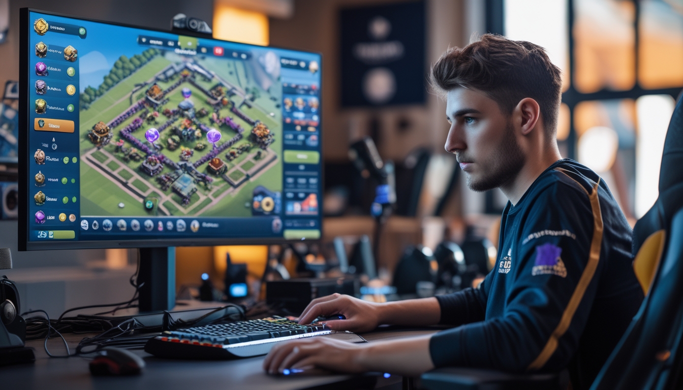 Seorang gamer muda fokus bermain Clash of Clans dengan layar menampilkan peta pertempuran Town Hall 16 dan trofi di latar belakang.