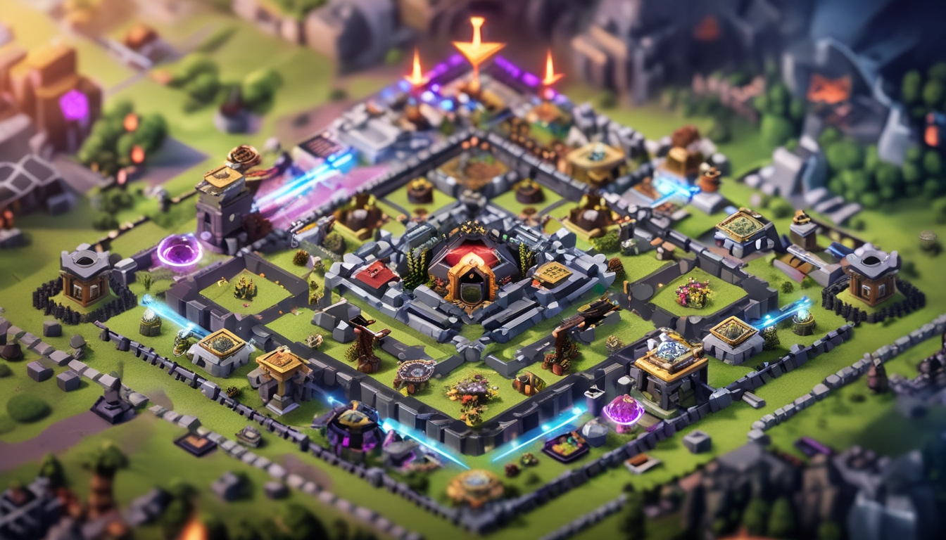 Pemandangan sebuah markas Clash of Clans Town Hall 15 yang kuat dan dilengkapi dengan pertahanan canggih di lingkungan pertempuran.