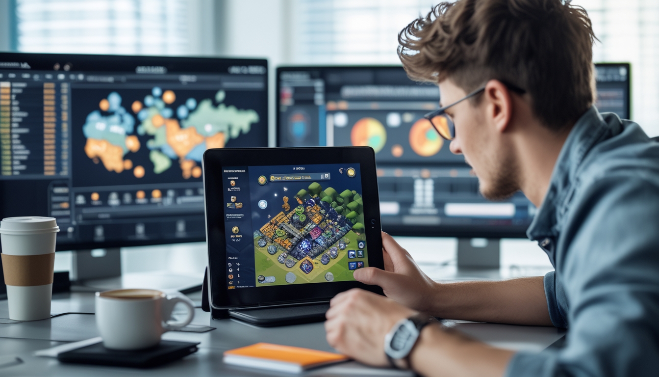 Seseorang sedang menganalisis strategi permainan di tablet dengan layar permainan berwarna-warni, dikelilingi oleh grafik dan peta strategi di layar komputer.