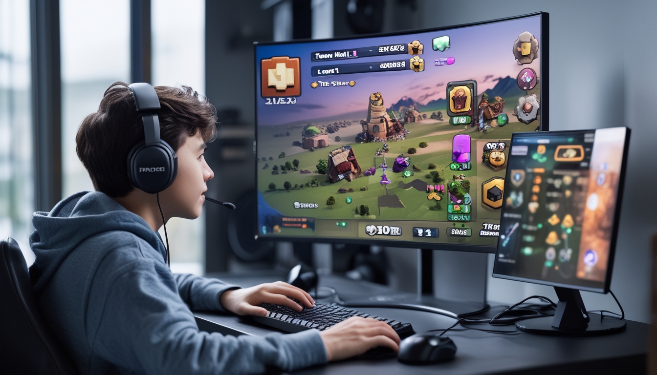 Seorang gamer muda sedang fokus bermain Clash of Clans di depan komputer dengan tampilan permainan dari level Town Hall 1 sampai Town Hall 10.