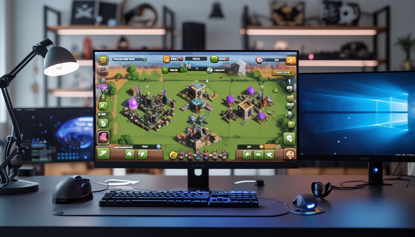 Sebuah meja komputer dengan layar menampilkan desa Clash of Clans dari Town Hall 1 hingga Town Hall 10, dikelilingi oleh perlengkapan gaming di sebuah ruangan yang nyaman.