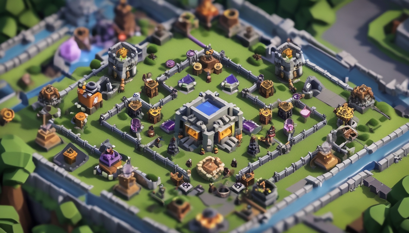 Gambaran sebuah markas Builder Hall Clash of Clans yang kuat dan dilindungi dengan berbagai pertahanan untuk melawan serangan udara dan darat.