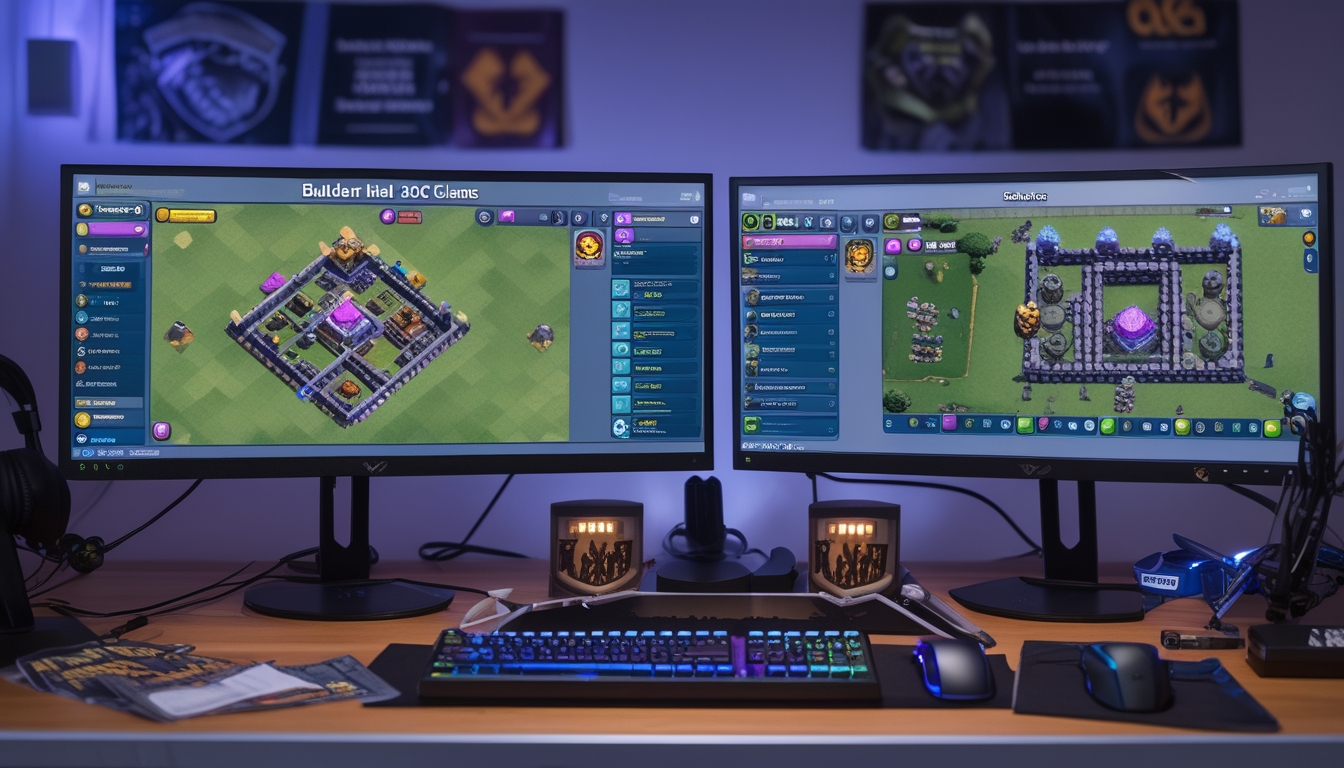 Seorang gamer sedang fokus melihat tata letak pertahanan Builder Hall Clash of Clans 2026 di layar komputer dengan peralatan gaming di meja.