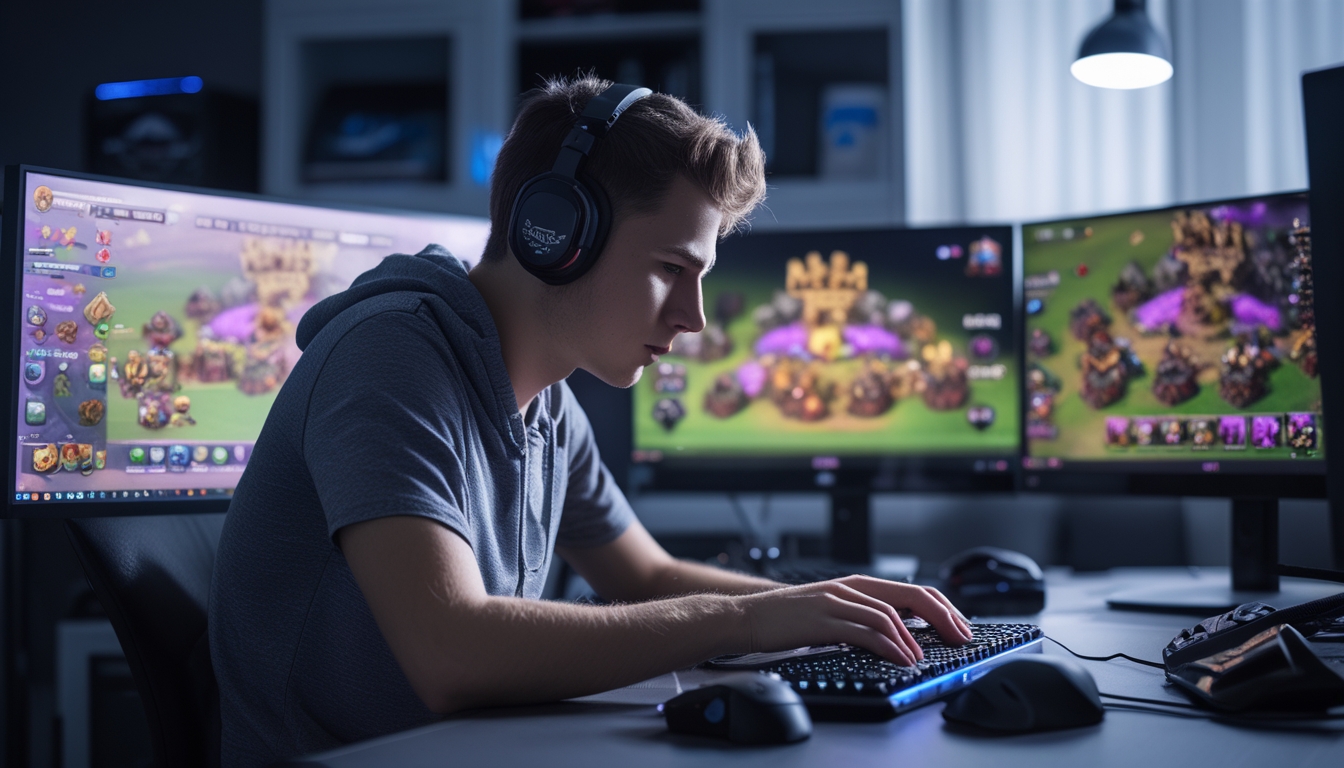 Seorang pria muda sedang bermain Clash of Clans di komputer dengan layar menampilkan permainan tingkat tinggi di ruangan yang rapi dan terang.