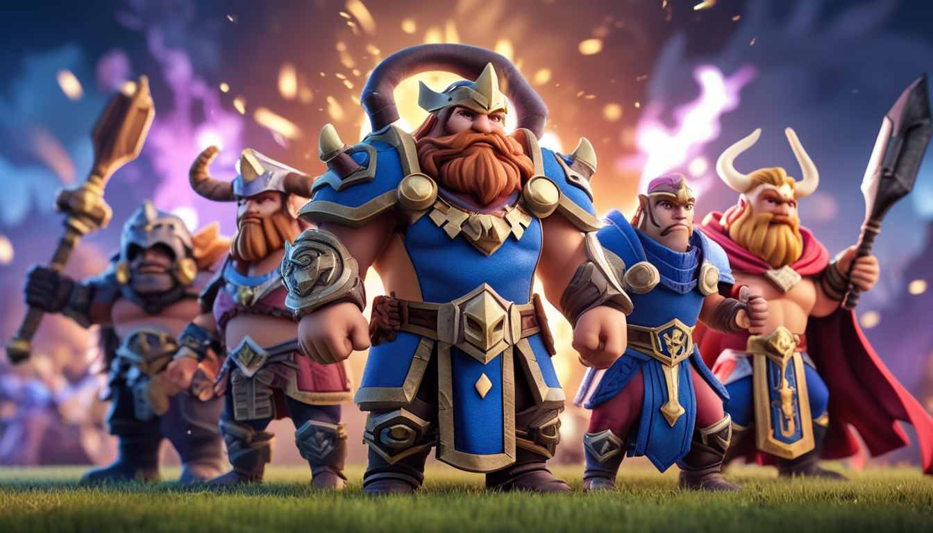 Beberapa karakter pahlawan Clash of Clans dengan kostum baru berdiri di medan perang fantasi yang penuh efek magis.