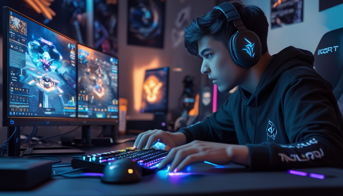 Seorang pemain esports fokus bermain game MOBA di ruang gaming dengan monitor ganda dan perlengkapan gaming.