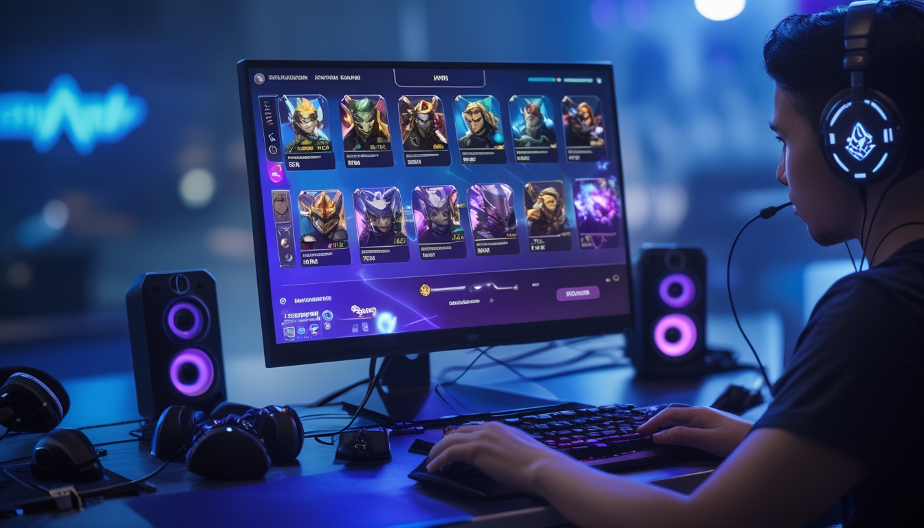 Seorang pemain game sedang memilih hero di layar komputer dengan peralatan gaming di sekitarnya.
