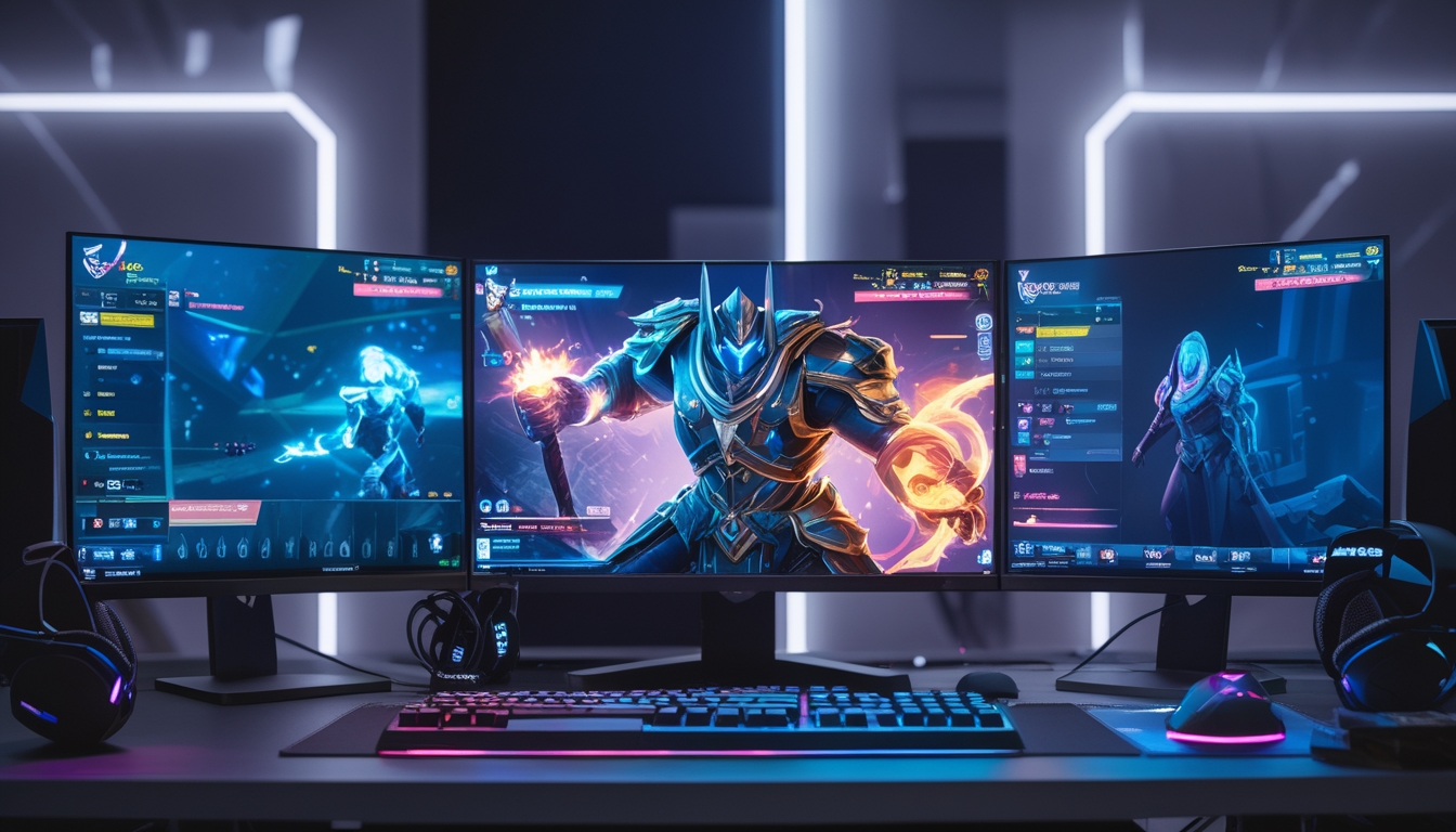 Sebuah setup gaming profesional dengan monitor yang menampilkan karakter pahlawan kuat dari permainan mobile, di dalam ruangan gaming modern.