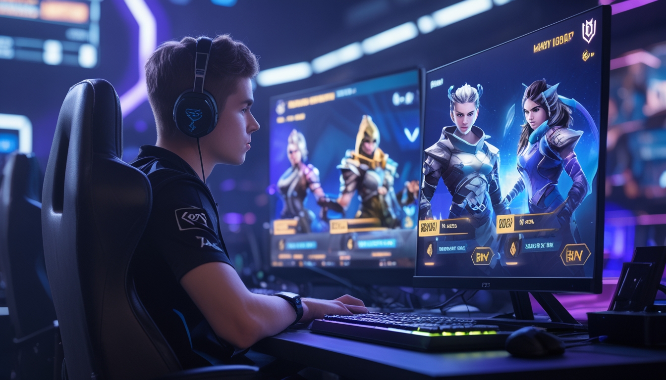 Seorang gamer muda fokus bermain game dengan karakter pahlawan futuristik di layar komputer dalam suasana pertandingan peringkat.