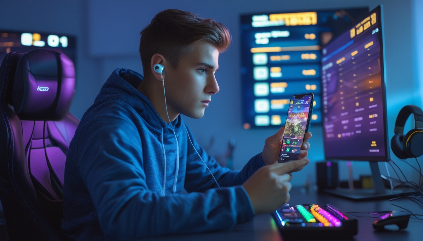 Seorang gamer muda yang fokus bermain game di ponsel dengan latar belakang perlengkapan game dan layar yang menunjukkan statistik permainan.
