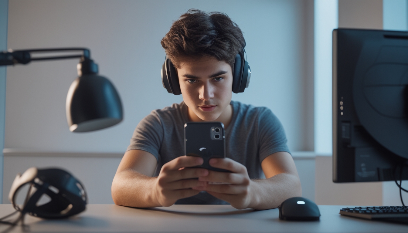Seorang dewasa muda fokus bermain game di ponsel di ruangan modern dengan aksesori gaming di meja.