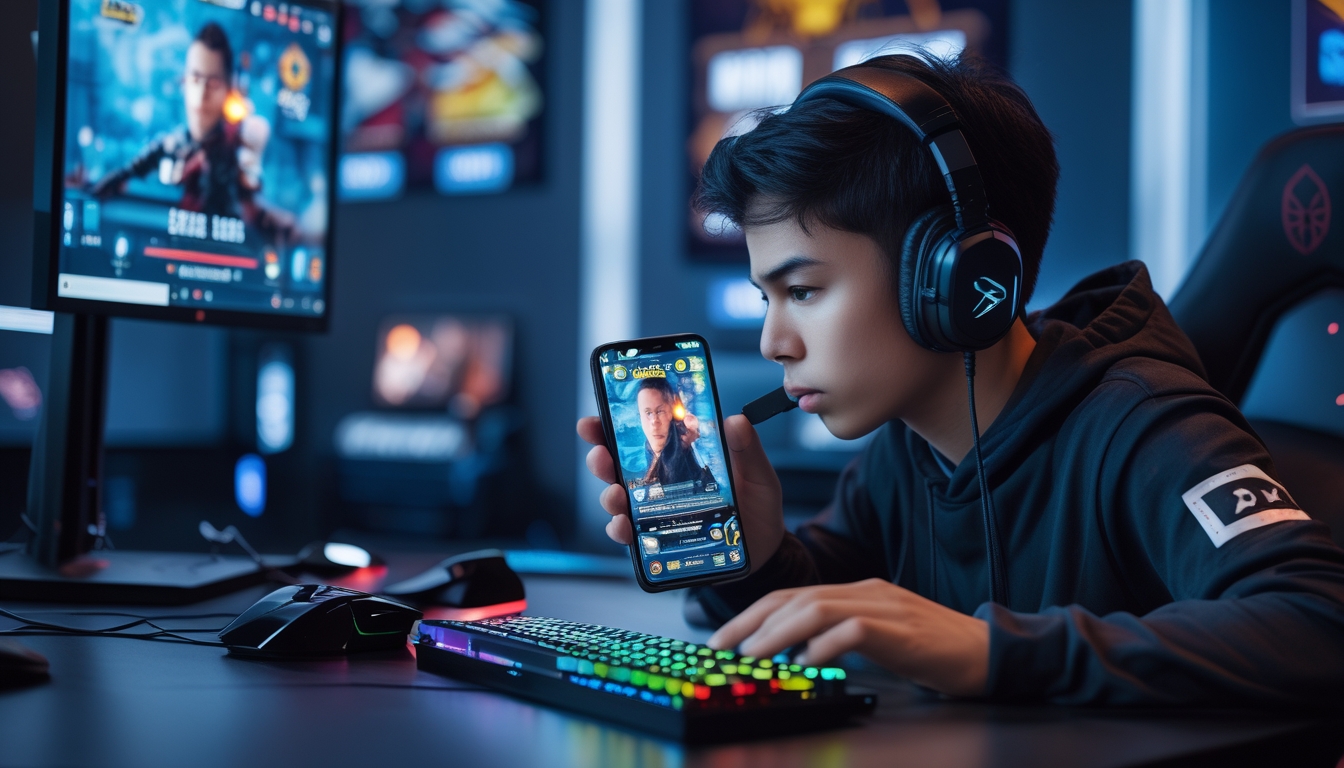 Seorang gamer muda sedang fokus bermain game di ponsel dengan perlengkapan gaming di meja dan latar belakang kamar yang terang.