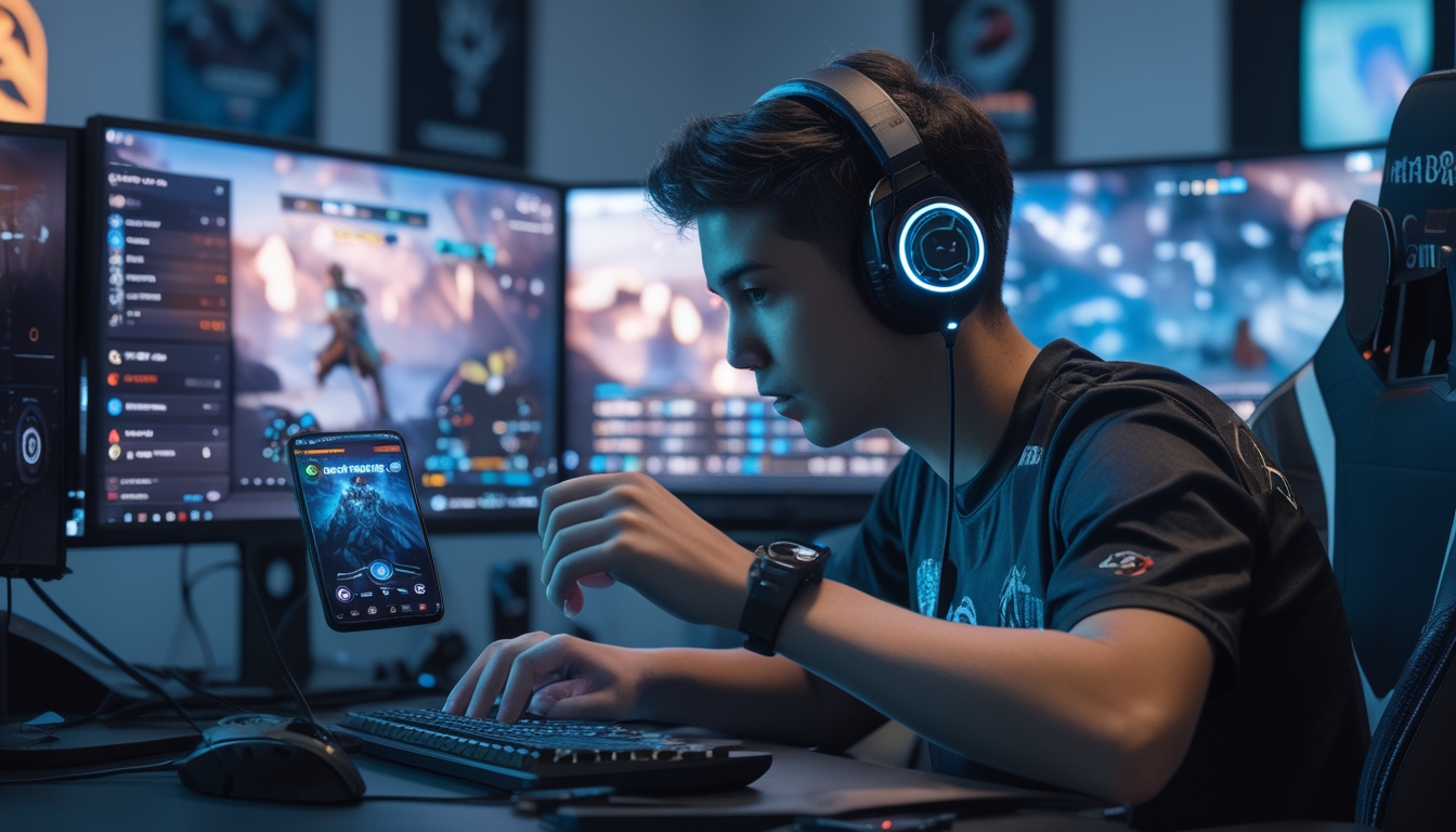 Seorang pemain muda fokus mengatur pengaturan sensitivitas di game Arena of Valor dengan perangkat gaming modern di meja.