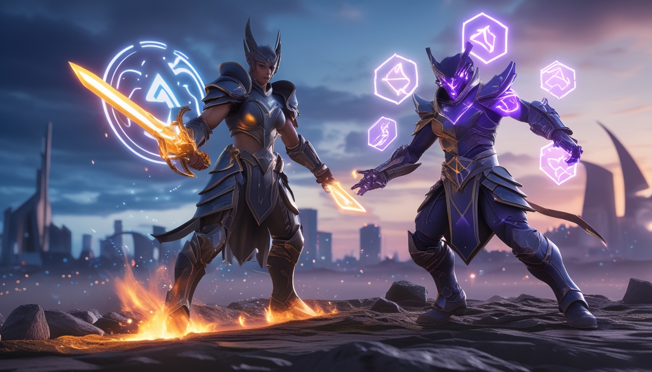 Dua pahlawan dengan armor dan simbol magis berdiri di medan pertempuran futuristik, menunjukkan kekuatan dan kemampuan luar biasa.