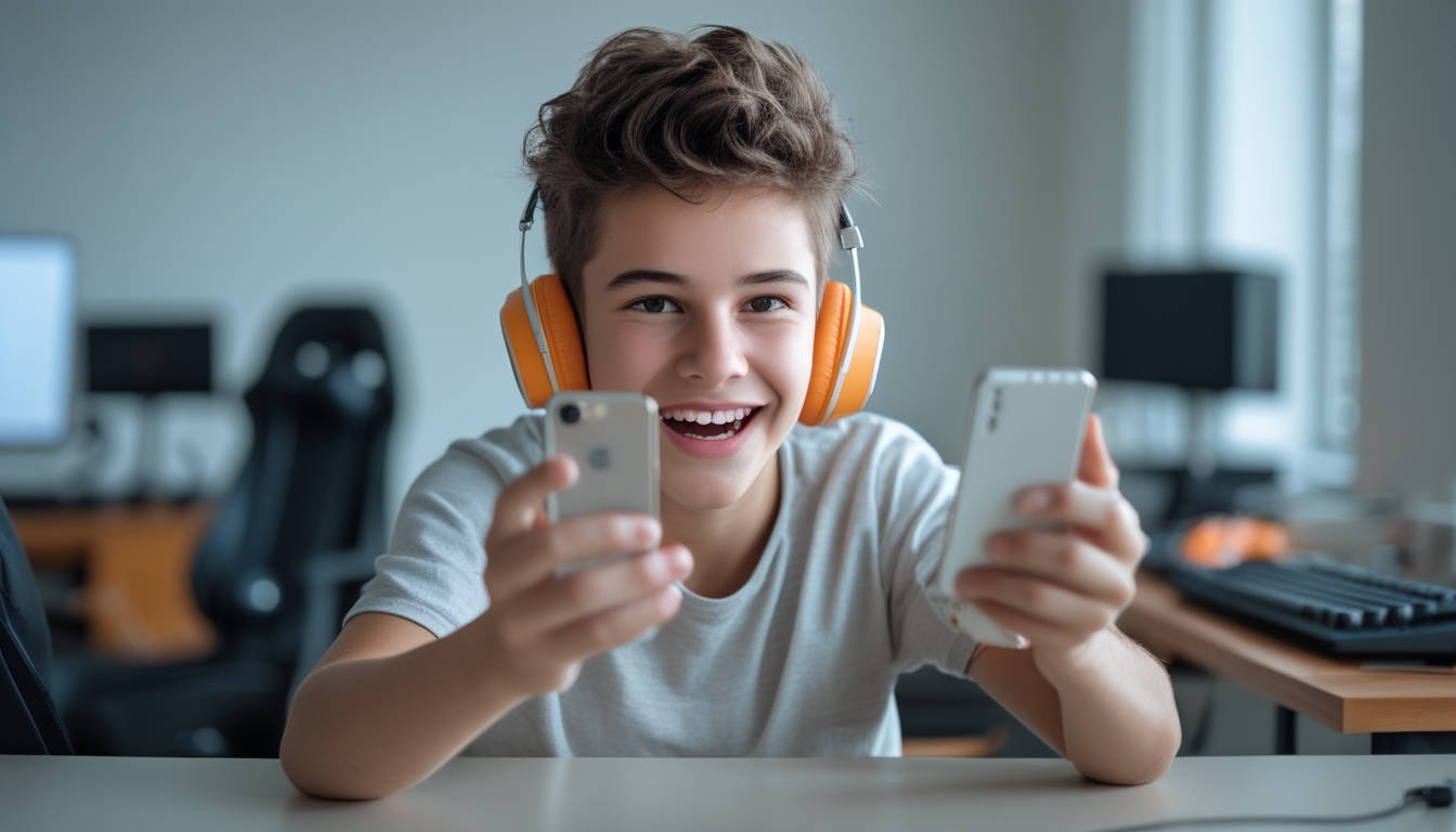 Seorang pemuda sedang bermain game di ponsel dengan ekspresi fokus di sebuah ruangan modern yang terang dan rapi.